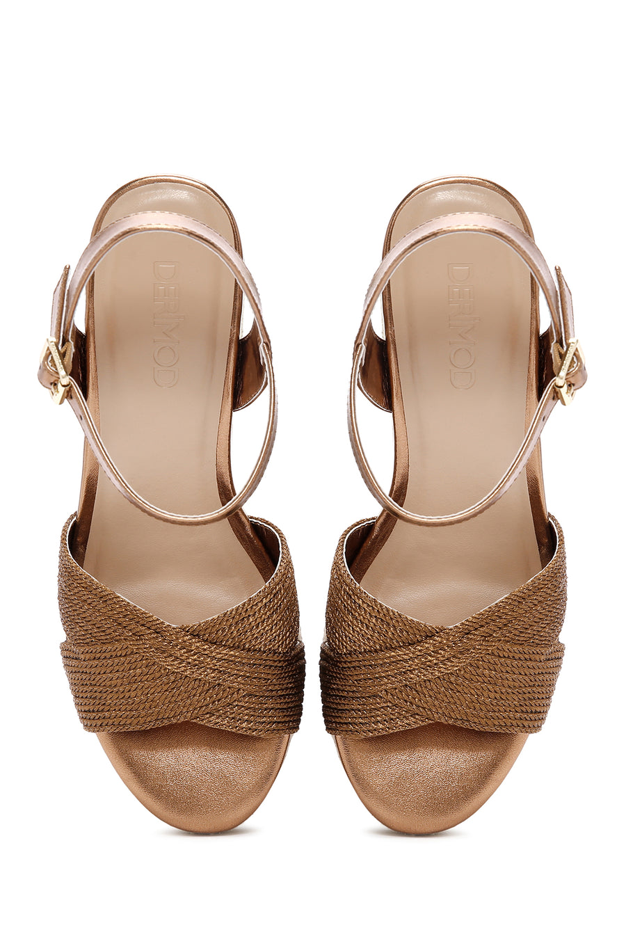 Women's Bronze Ankle Strap Wedge Heeled Straw Sandals