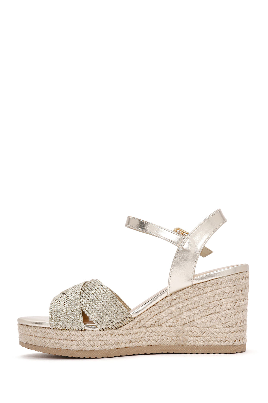 Women's Gold Ankle Strap Wedge Heeled Straw Sandals