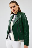 Latoya Women's Green Biker Leather Jacket | Derimod