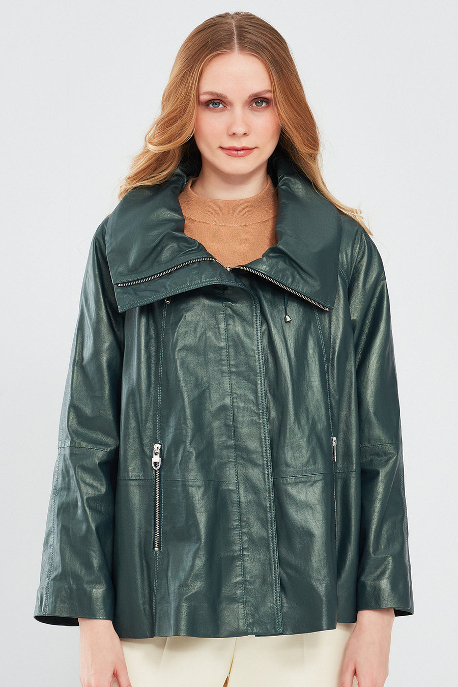 Felicita Women's Green Wide Collar Oversize Leather Coat