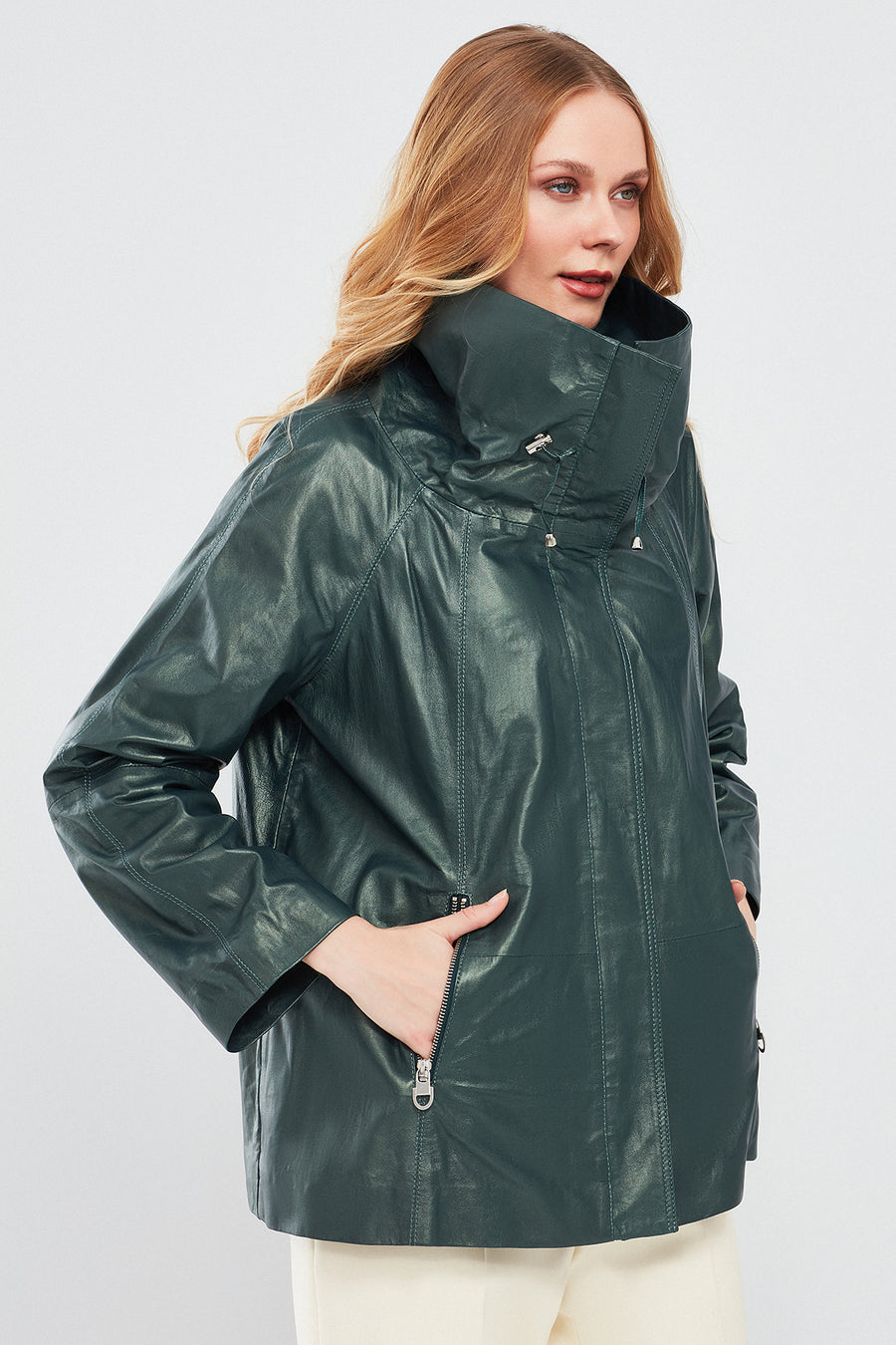 Felicita Women's Green Wide Collar Oversize Leather Coat