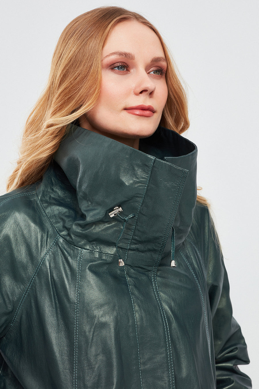 Felicita Women's Green Wide Collar Oversize Leather Coat
