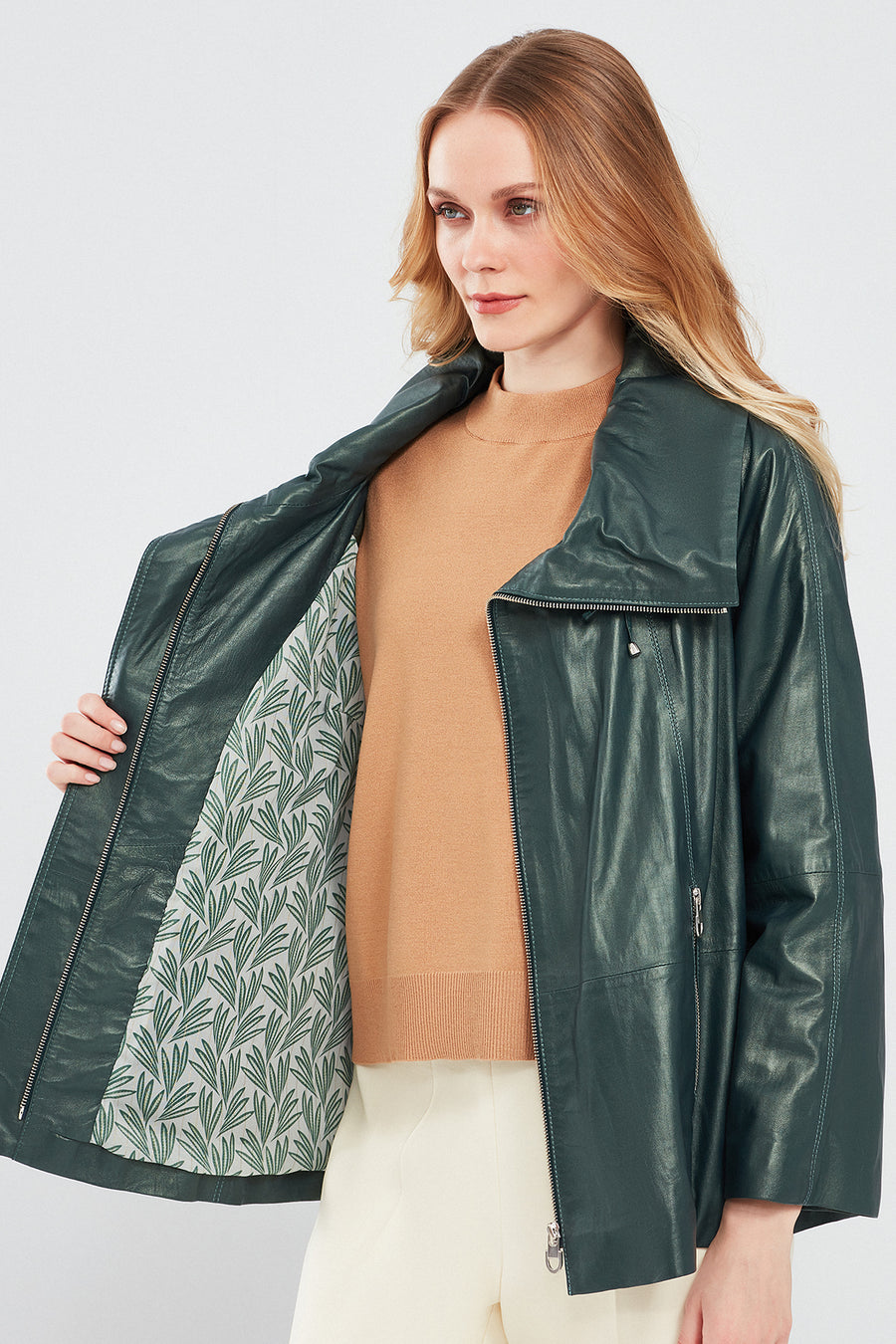 Felicita Women's Green Wide Collar Oversize Leather Coat