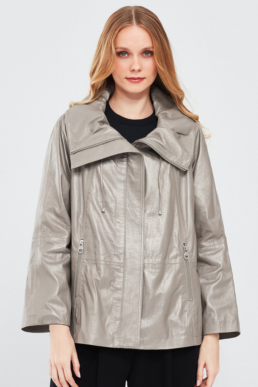 Felicita Women's Gray Wide Collar Oversize Leather Coat