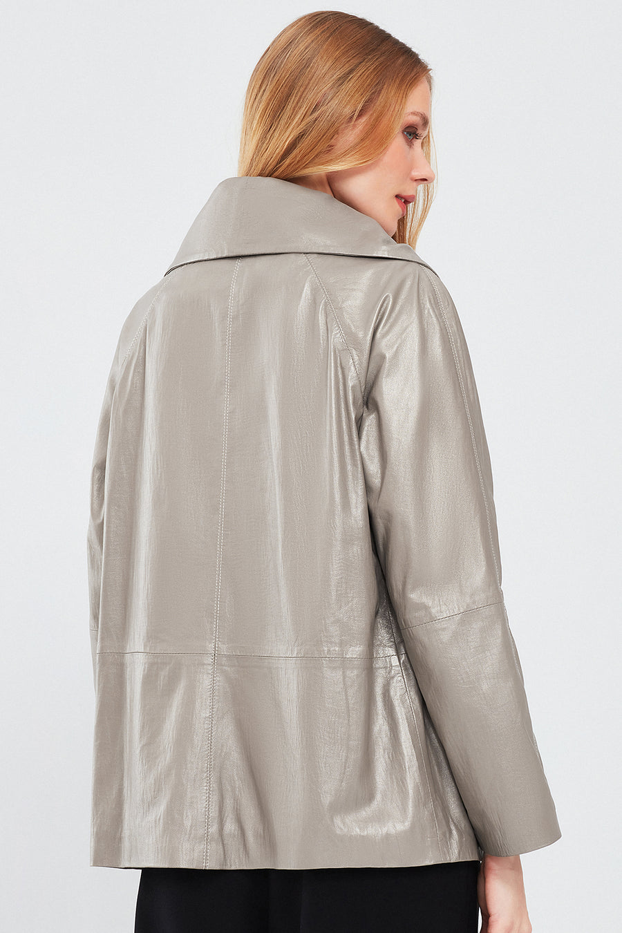 Felicita Women's Gray Wide Collar Oversize Leather Coat