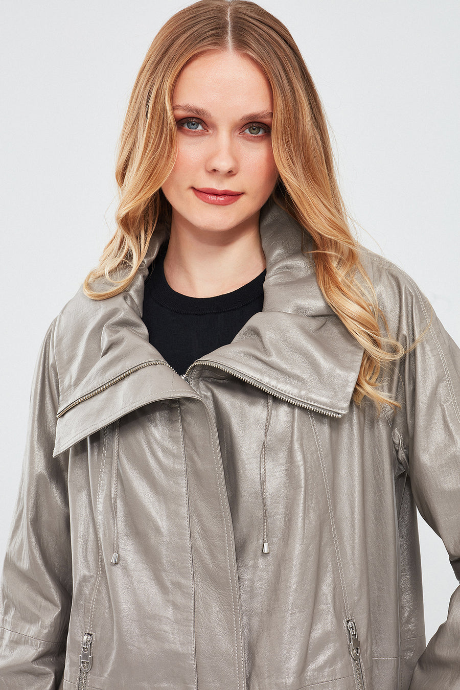 Felicita Women's Gray Wide Collar Oversize Leather Coat