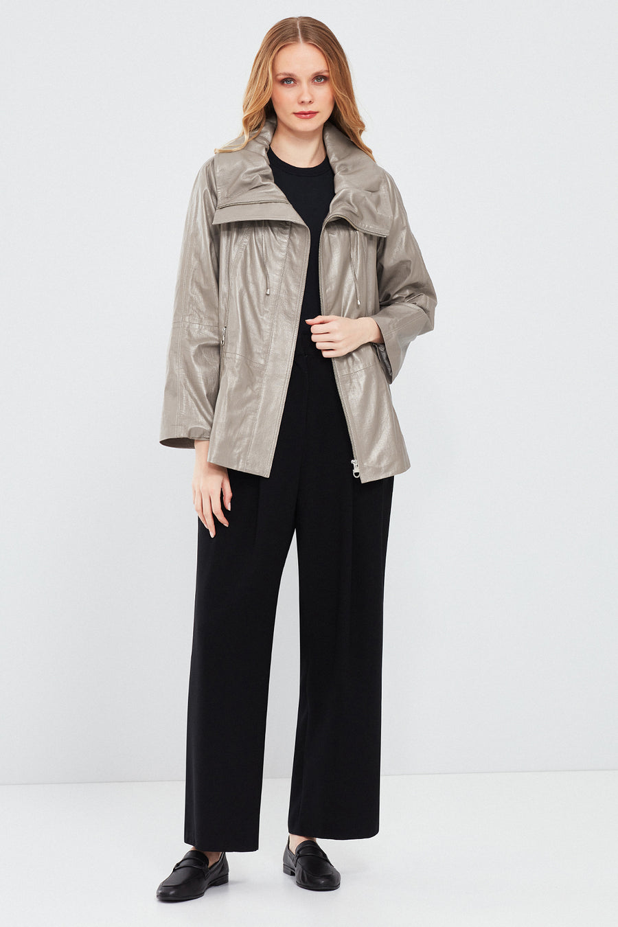 Felicita Women's Gray Wide Collar Oversize Leather Coat