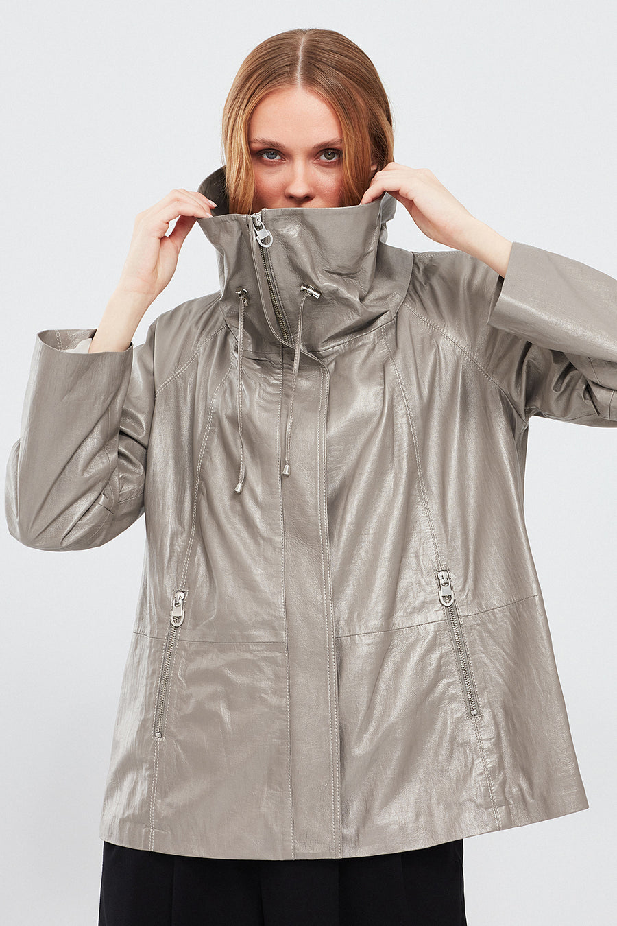 Felicita Women's Gray Wide Collar Oversize Leather Coat