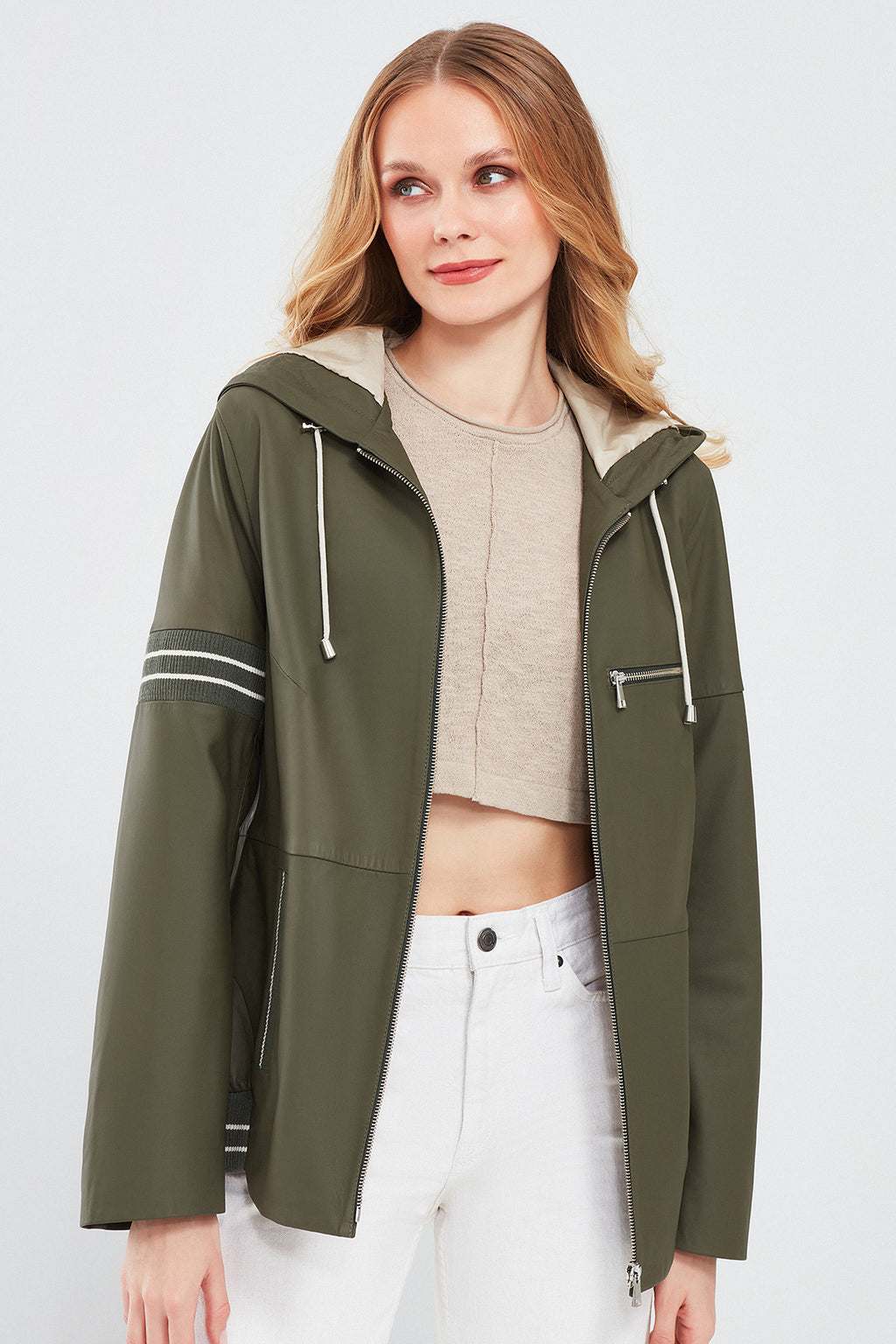 Halley Kadın Haki Kapüşonlu Oversize Deri Mont