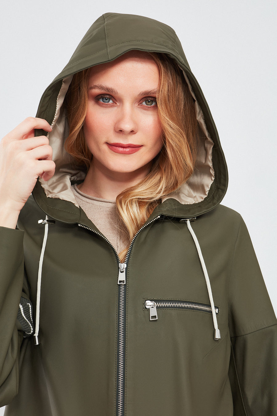 Halley Women's Khaki Hooded Oversize Leather Coat
