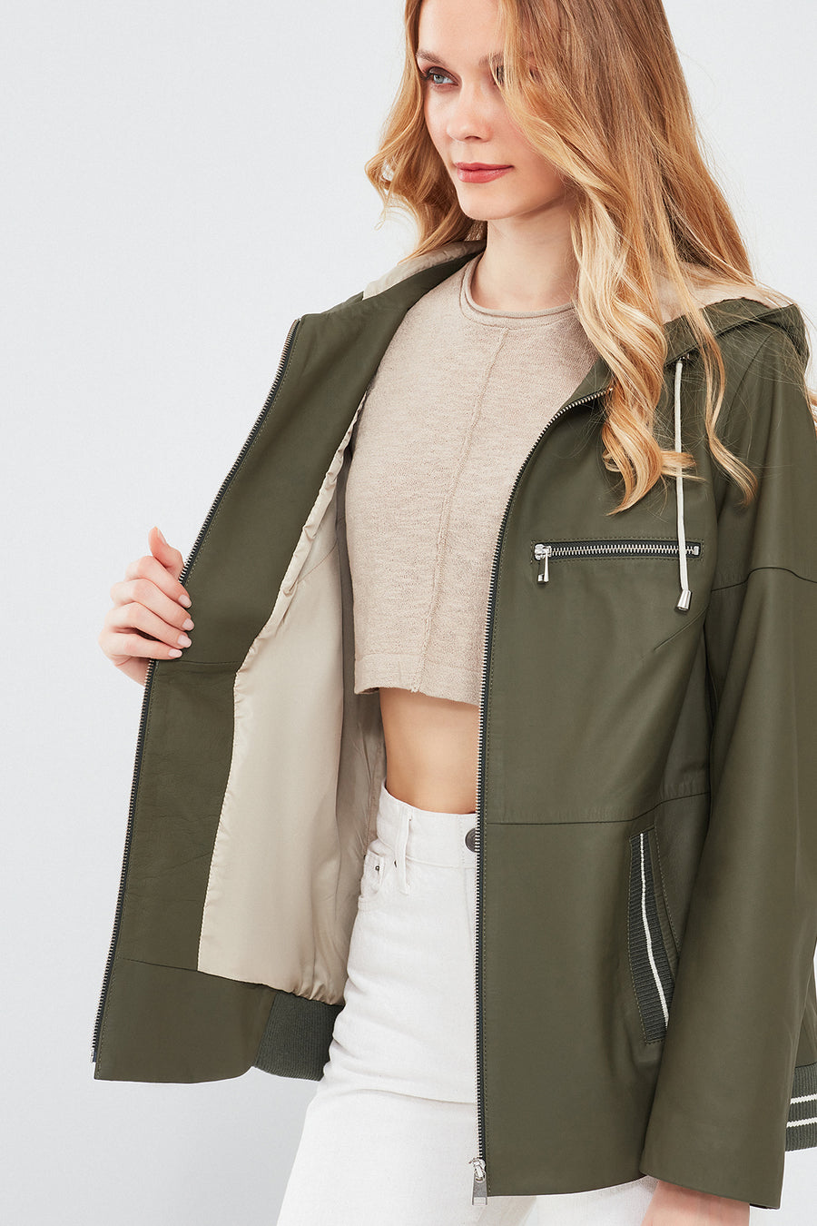Halley Women's Khaki Hooded Oversize Leather Coat