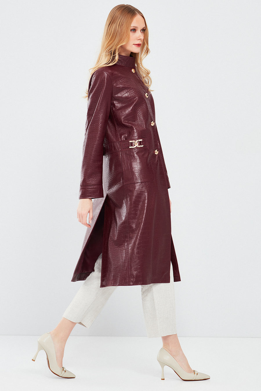 Colette Women's Burgundy Crocodile Patterned Leather Coat 24SGD5182Y8 | Derimod