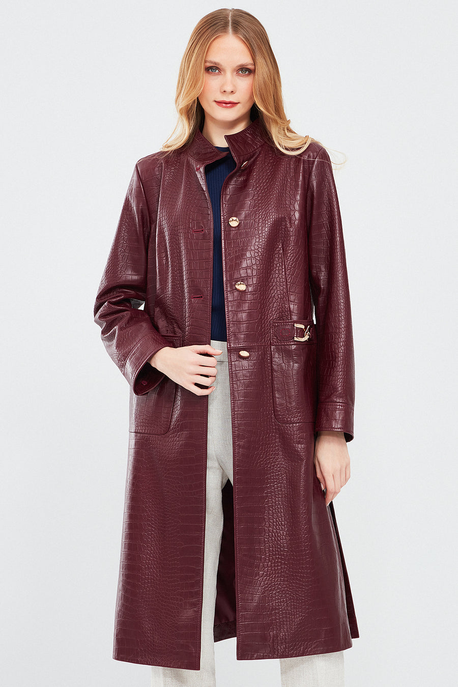 Colette Women's Burgundy Crocodile Patterned Leather Coat