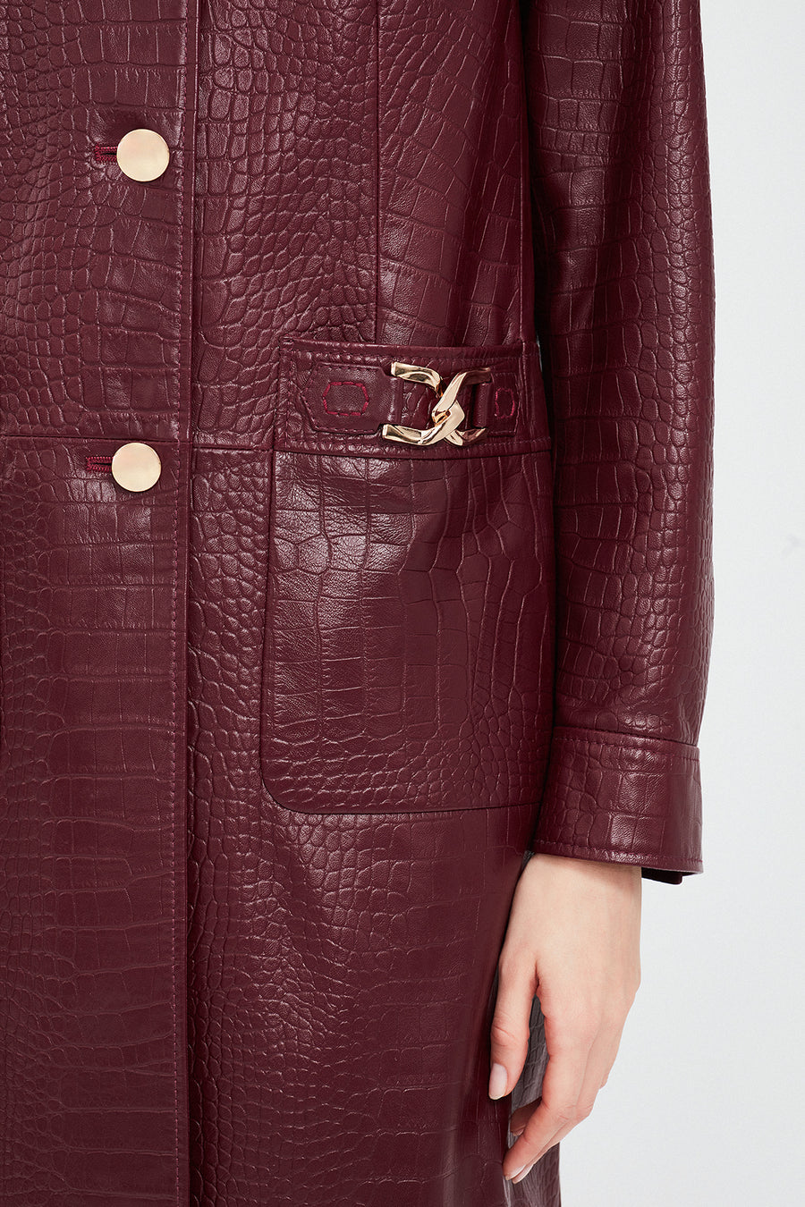 Colette Women's Burgundy Crocodile Patterned Leather Coat