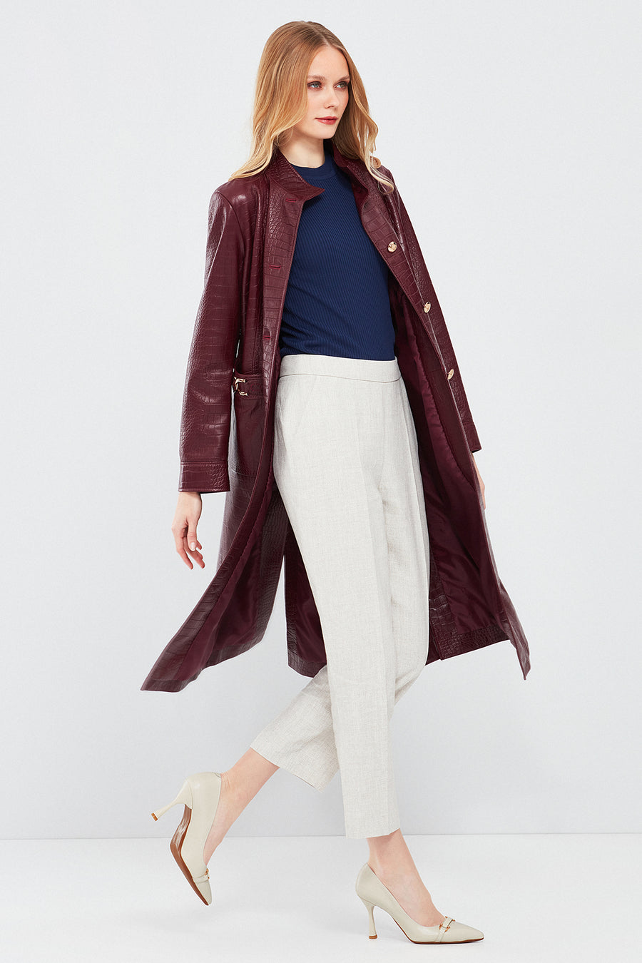 Colette Women's Burgundy Crocodile Patterned Leather Coat