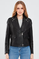 Reina Women's Black Biker Leather Jacket | Derimod