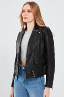 Reina Women's Black Biker Leather Jacket | Derimod