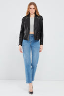 Reina Women's Black Biker Leather Jacket | Derimod
