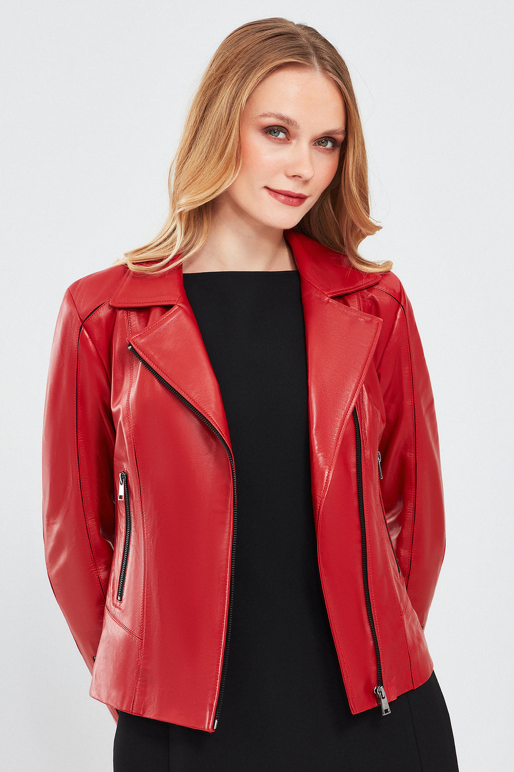 Kiara Kadın Kırmızı Slim-Fit Biker Deri Ceket
