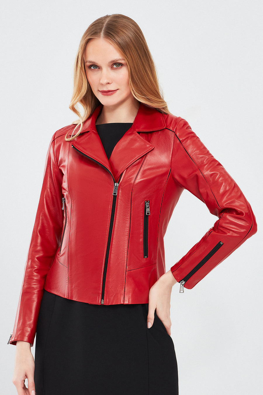Kiara Women's Red Slim-Fit Biker Leather Jacket