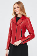 Kiara Women's Red Slim-Fit Biker Leather Jacket | Derimod