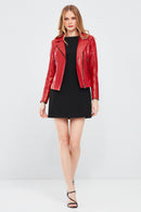 Kiara Women's Red Slim-Fit Biker Leather Jacket | Derimod