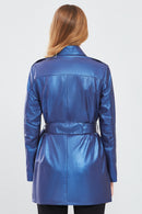 Anastasia Women's Navy Blue Metallic Leather Coat | Derimod