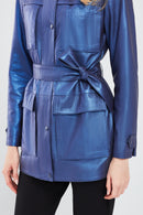 Anastasia Women's Navy Blue Metallic Leather Coat | Derimod