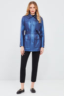 Anastasia Women's Navy Blue Metallic Leather Coat | Derimod
