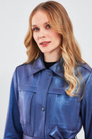 Anastasia Women's Navy Blue Metallic Leather Coat | Derimod