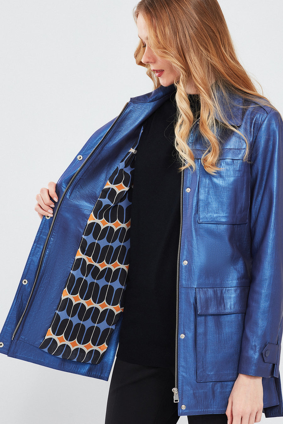 Anastasia Women's Navy Blue Metallic Leather Coat