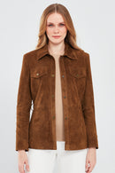Margo Women's Brown Shirt Collar Suede Leather Jacket | Derimod