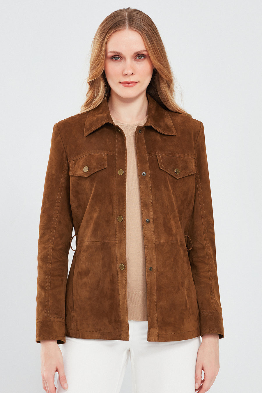 Margo Women's Brown Shirt Collar Suede Leather Jacket