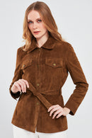Margo Women's Brown Shirt Collar Suede Leather Jacket | Derimod