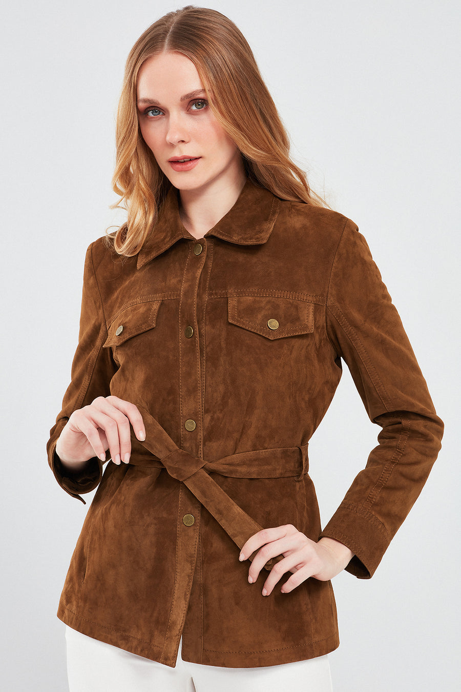 Margo Women's Brown Shirt Collar Suede Leather Jacket