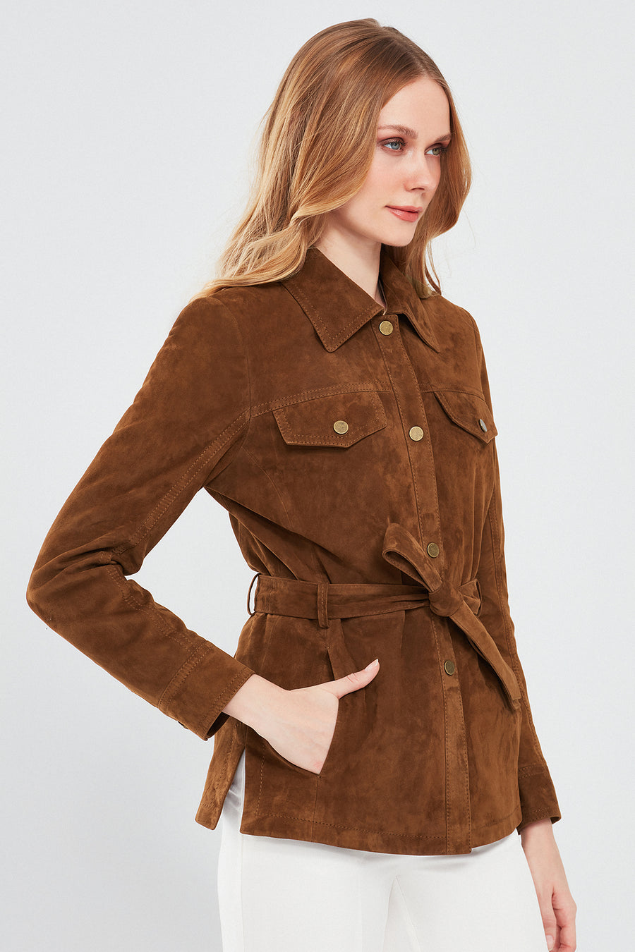 Margo Women's Brown Shirt Collar Suede Leather Jacket
