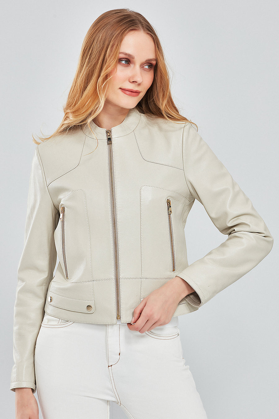 Sharon Women's Beige Short Leather Jacket