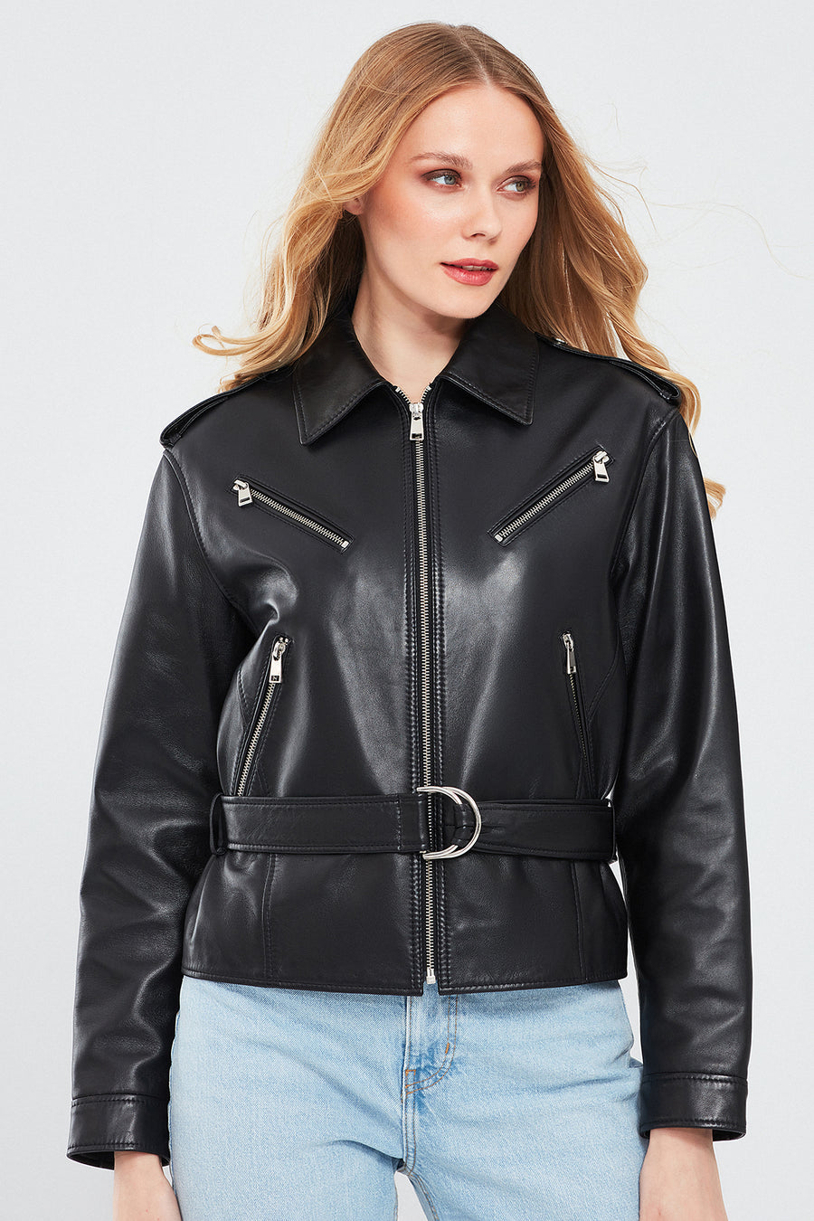 Maya Women's Black Shirt Collar Regular Short Leather Jacket