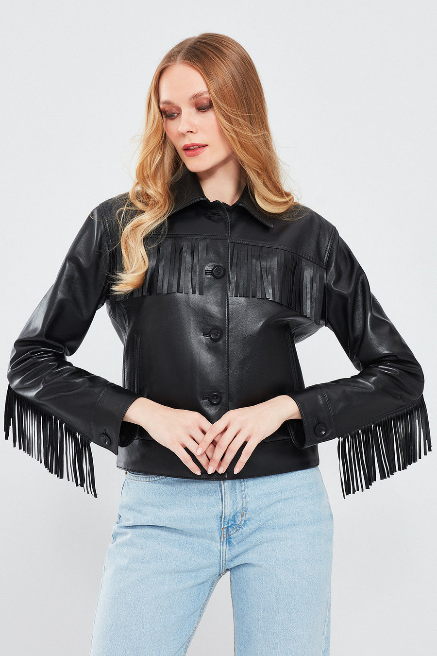 Luna Women's Black Tassel Detailed Leather Jacket
