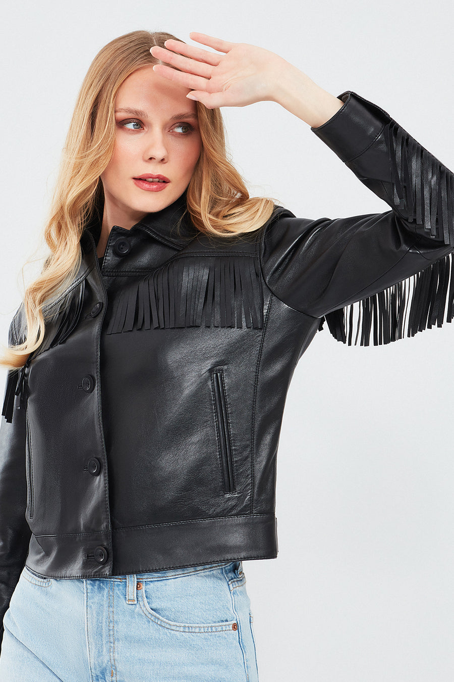 Luna Women's Black Tassel Detailed Leather Jacket