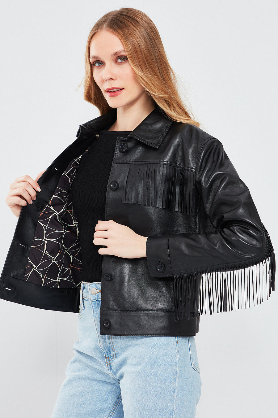 Luna Women's Black Tassel Detailed Leather Jacket