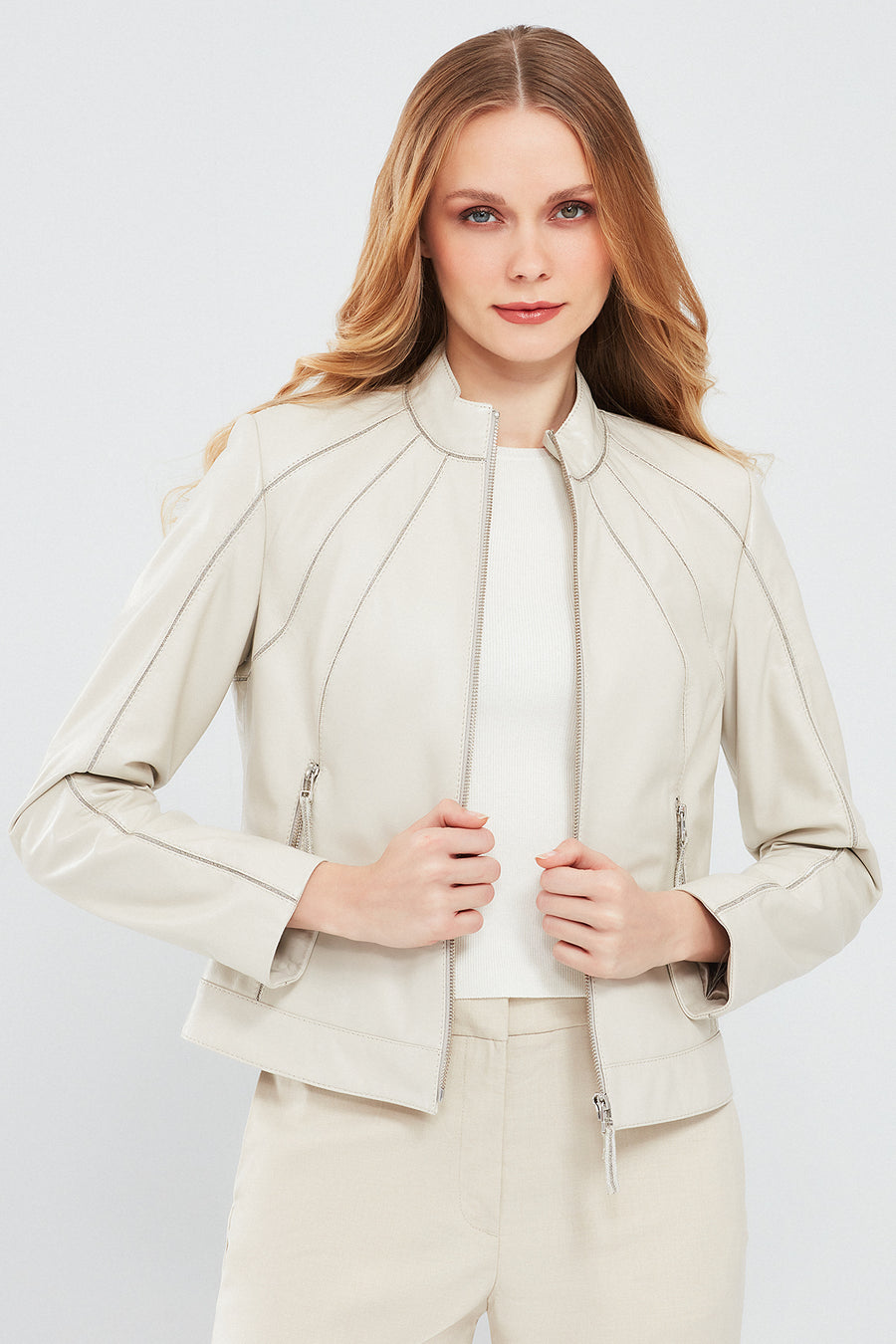 Julia Women's Beige Short Leather Jacket