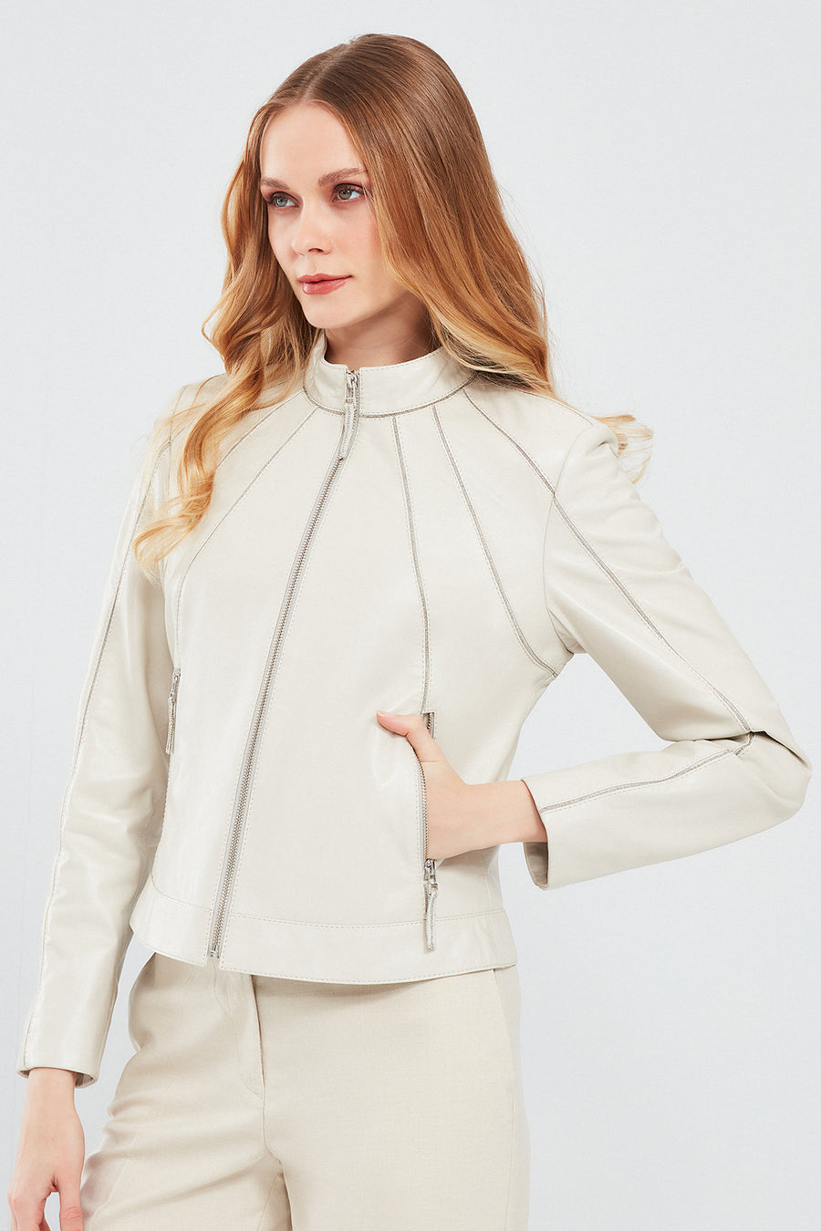 Julia Women's Beige Short Leather Jacket