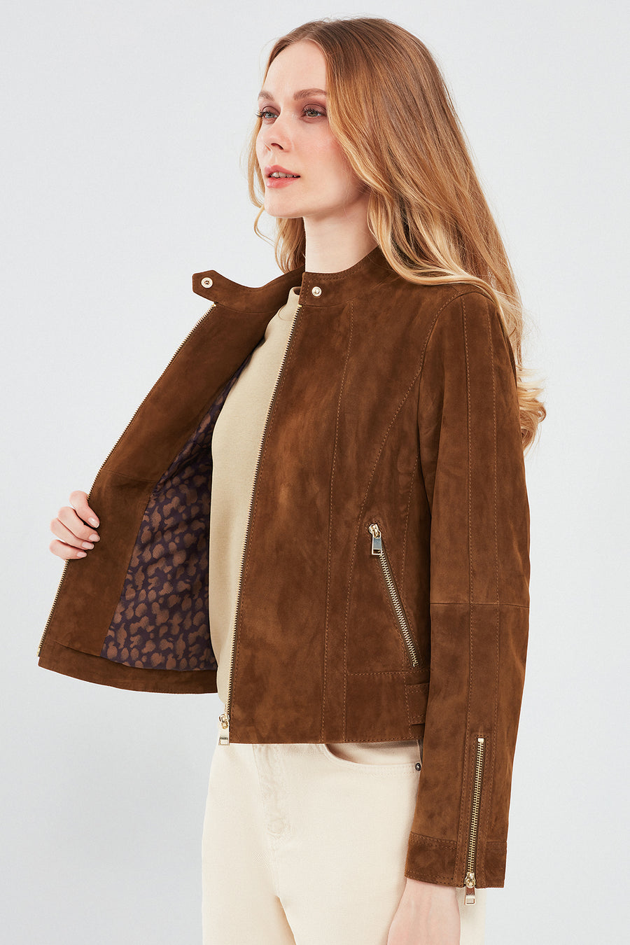 Grace Women's Brown Short Suede Leather Jacket