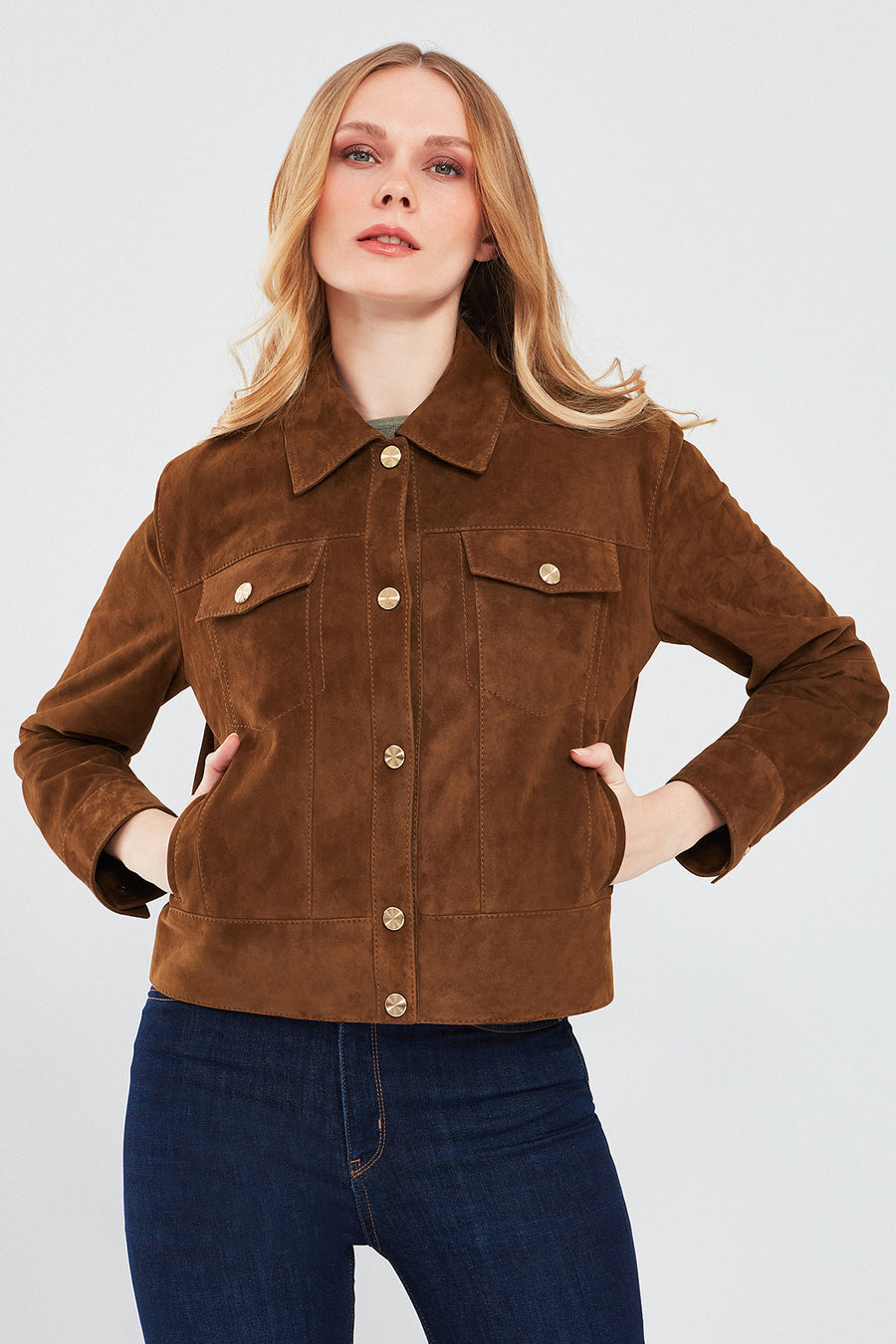 Amber Women's Brown Shirt Collar Short Suede Leather Jacket
