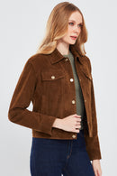 Amber Women's Brown Shirt Collar Short Suede Leather Jacket | Derimod