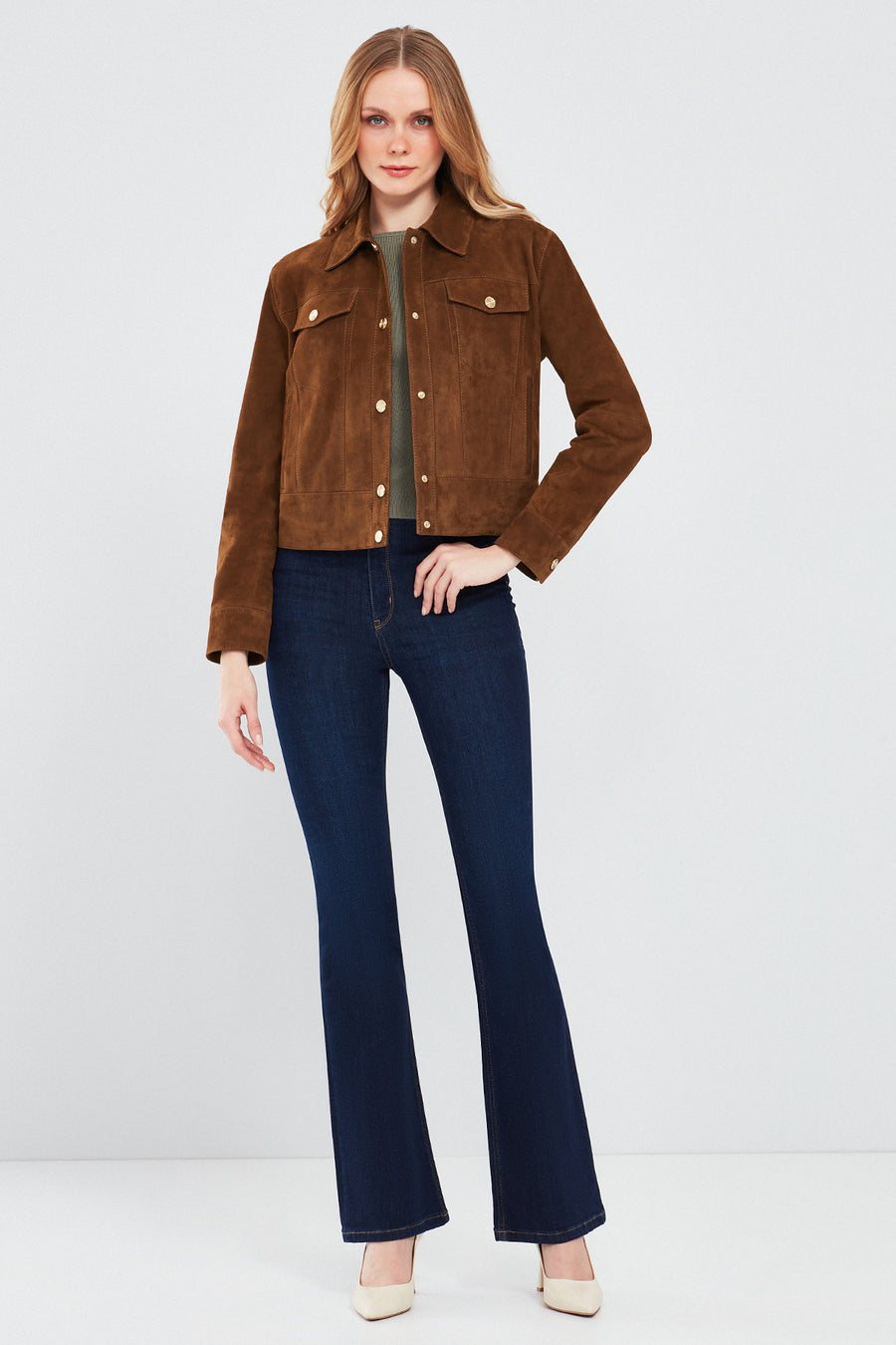 Amber Women's Brown Shirt Collar Short Suede Leather Jacket