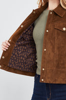 Amber Women's Brown Shirt Collar Short Suede Leather Jacket | Derimod