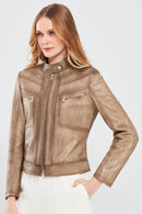Jody Women's Beige Natural Short Leather Jacket | Derimod