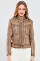 Jody Women's Beige Natural Short Leather Jacket | Derimod